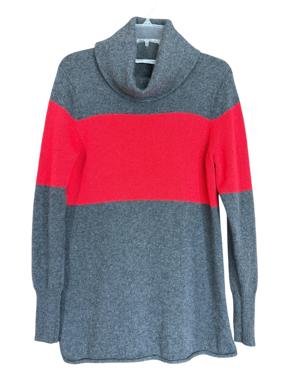 Athleta Chalet Stripe 100% Cashmere Cowl Neck Tunic Sweater Gray Red XL - Picture 3 of 9